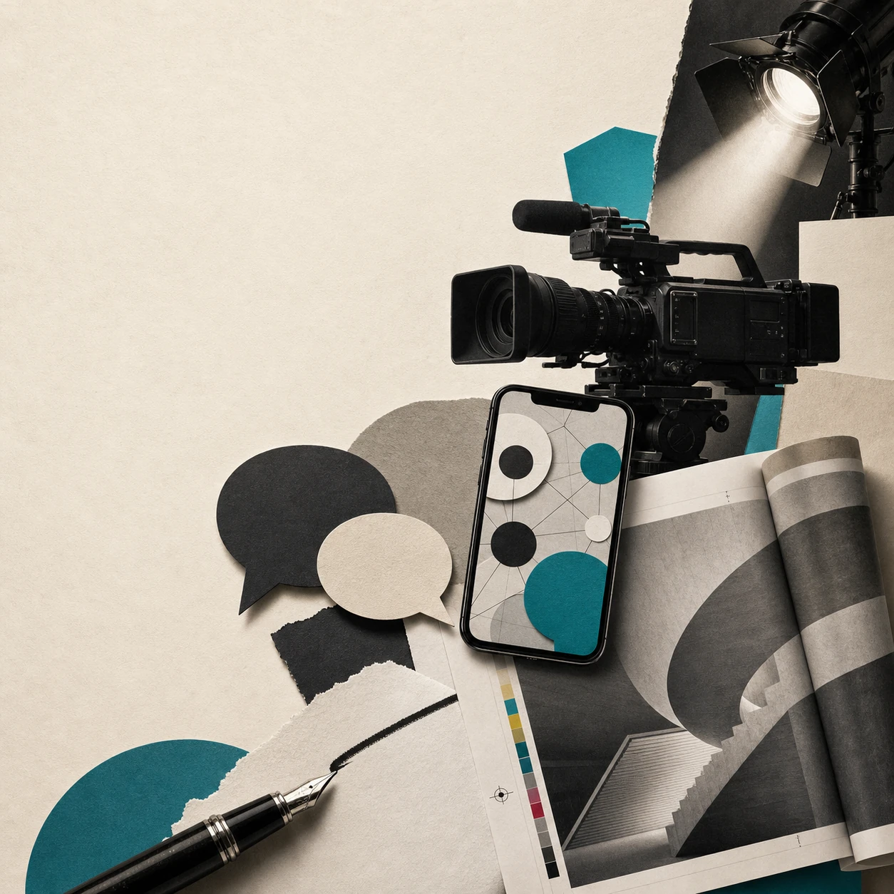 Editorial collage with television camera, smartphone, print design and conversation symbols